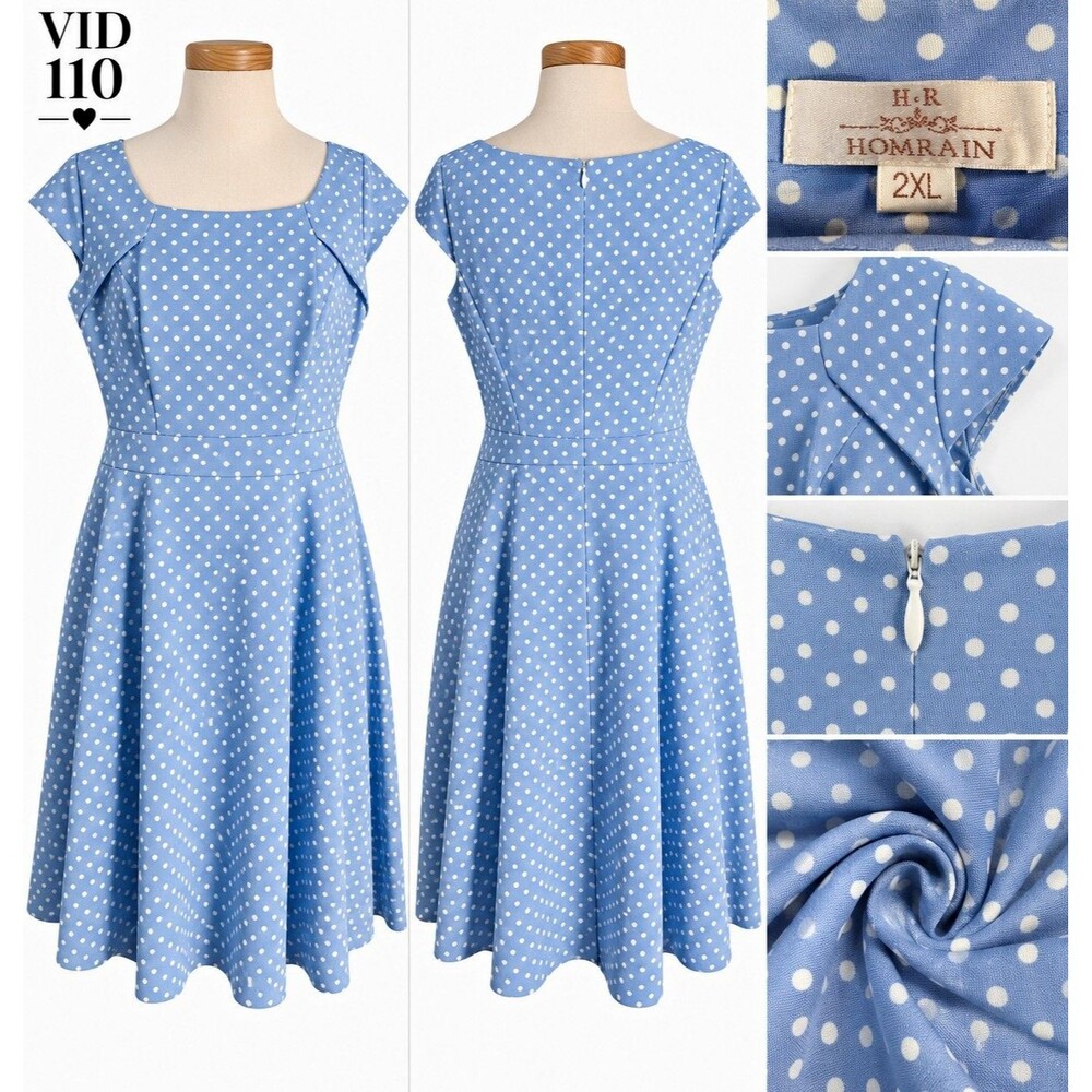 H&R London 2XL Blue White Polka Dot Swing Dress Retro 50s Pinup Rockabilly